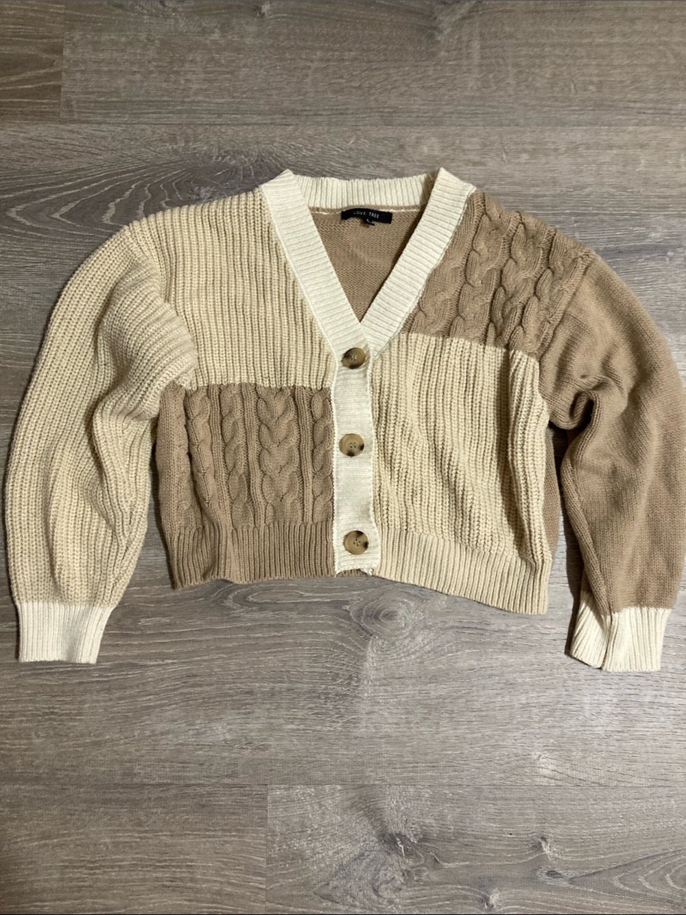 Love Tree Cream & Tan Blocked Cable Knit V-Neck Cardigan